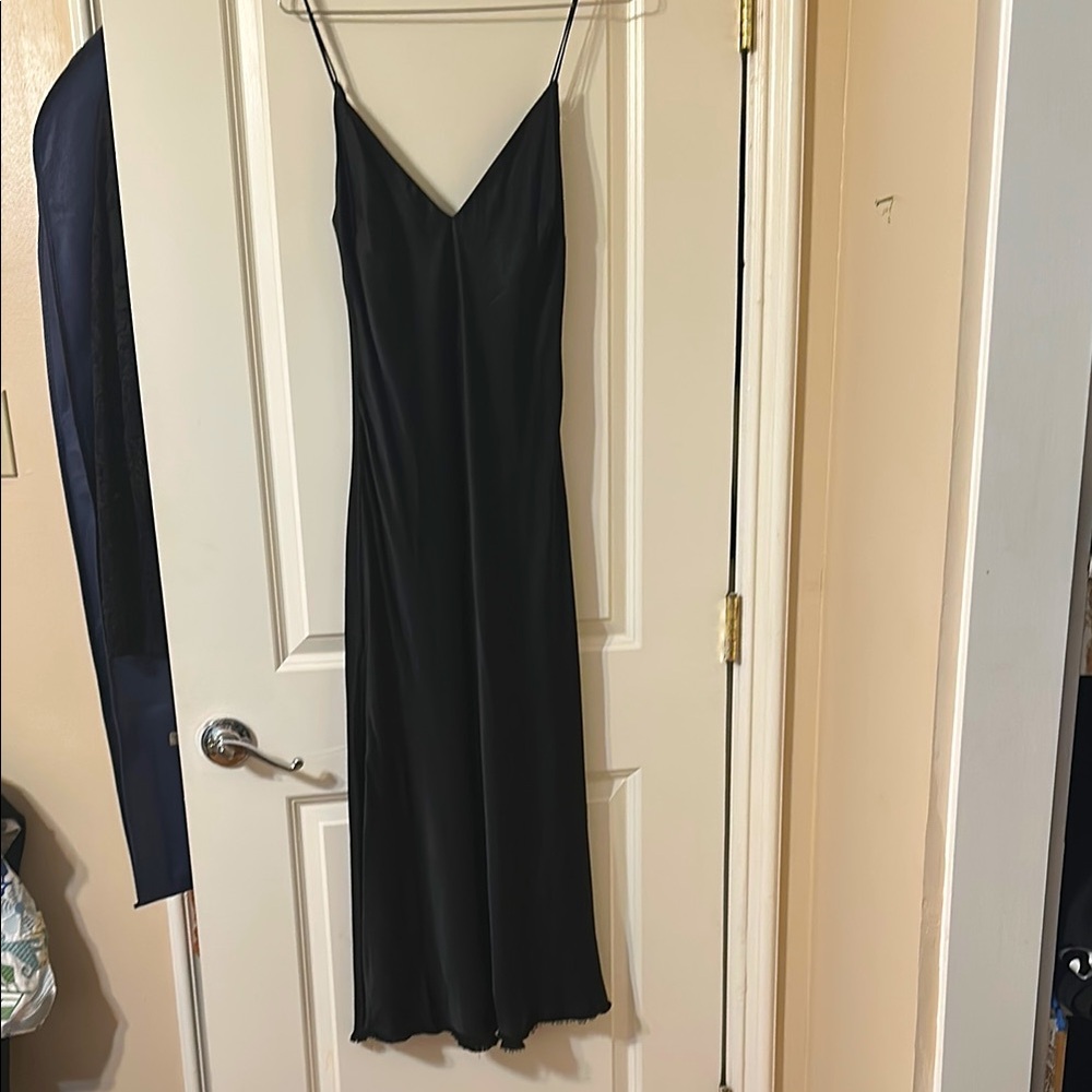 NWT FRAME Black Silk Cami Slip Dress – Adjustable Straps, Frayed Hem, Size S